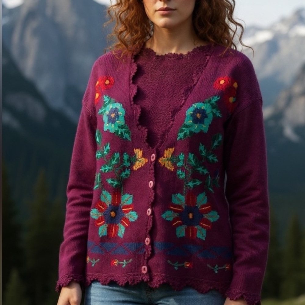International Knitted by hand embroidery eggplant cardigan size L - Picture 6 of 11